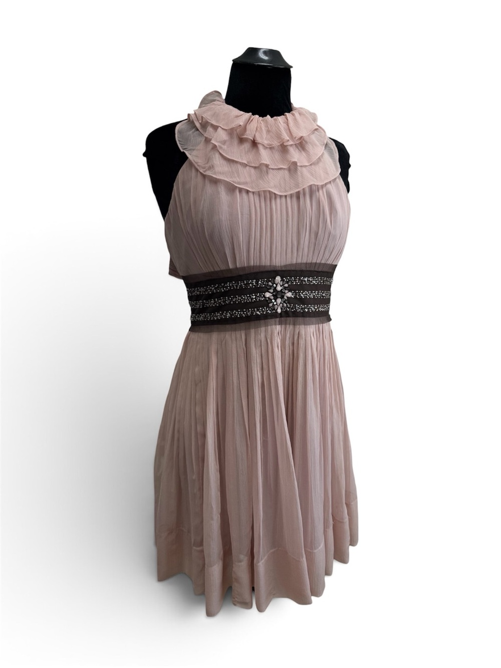 Y2K BCBGMaxazria Ruffled Halter Silk Pleated Beaded Fairy Dress